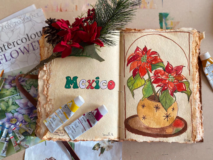 Painting of a flower in a pot on a book