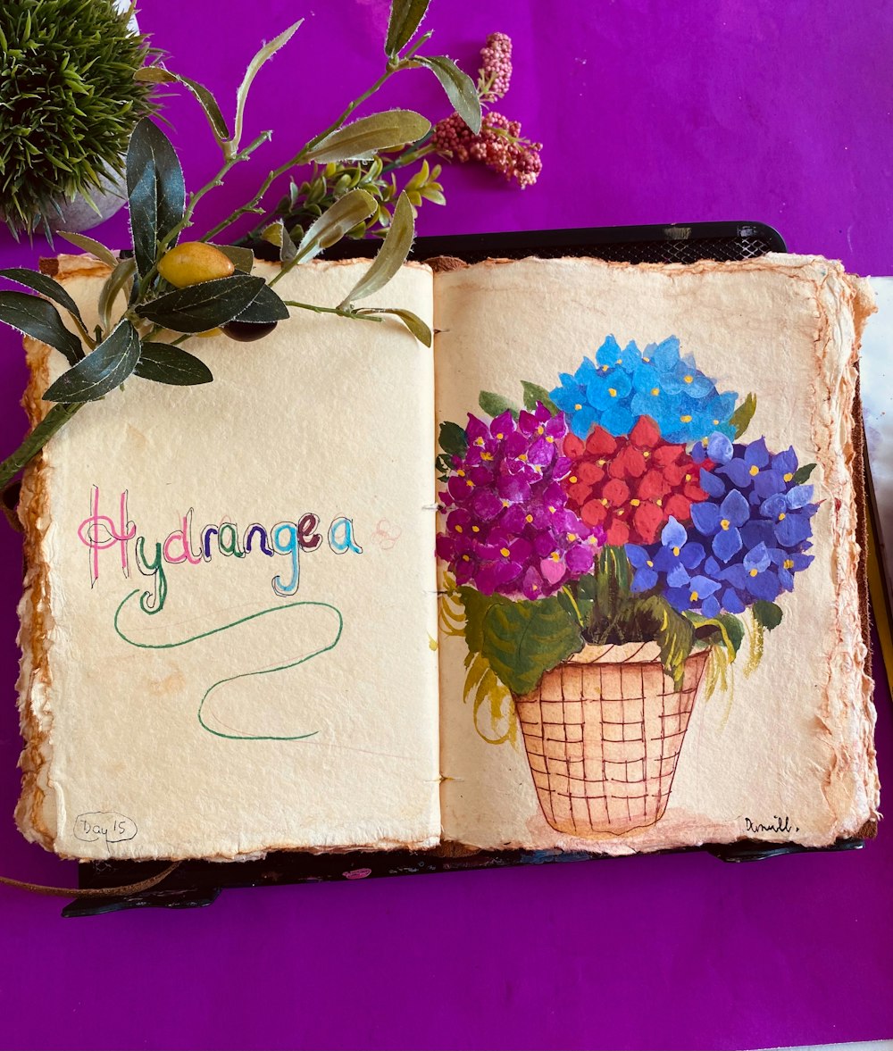 an open book with flowers on top of it