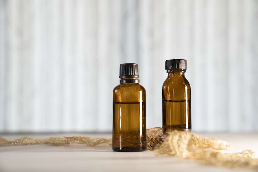 a couple of bottles sitting on top of a table