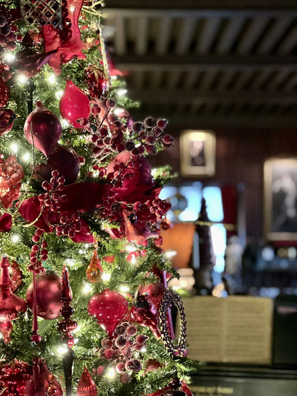 a christmas tree decorated with red and green ornaments