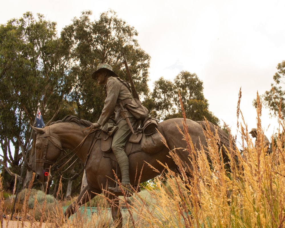 a man riding on the back of a brown horse