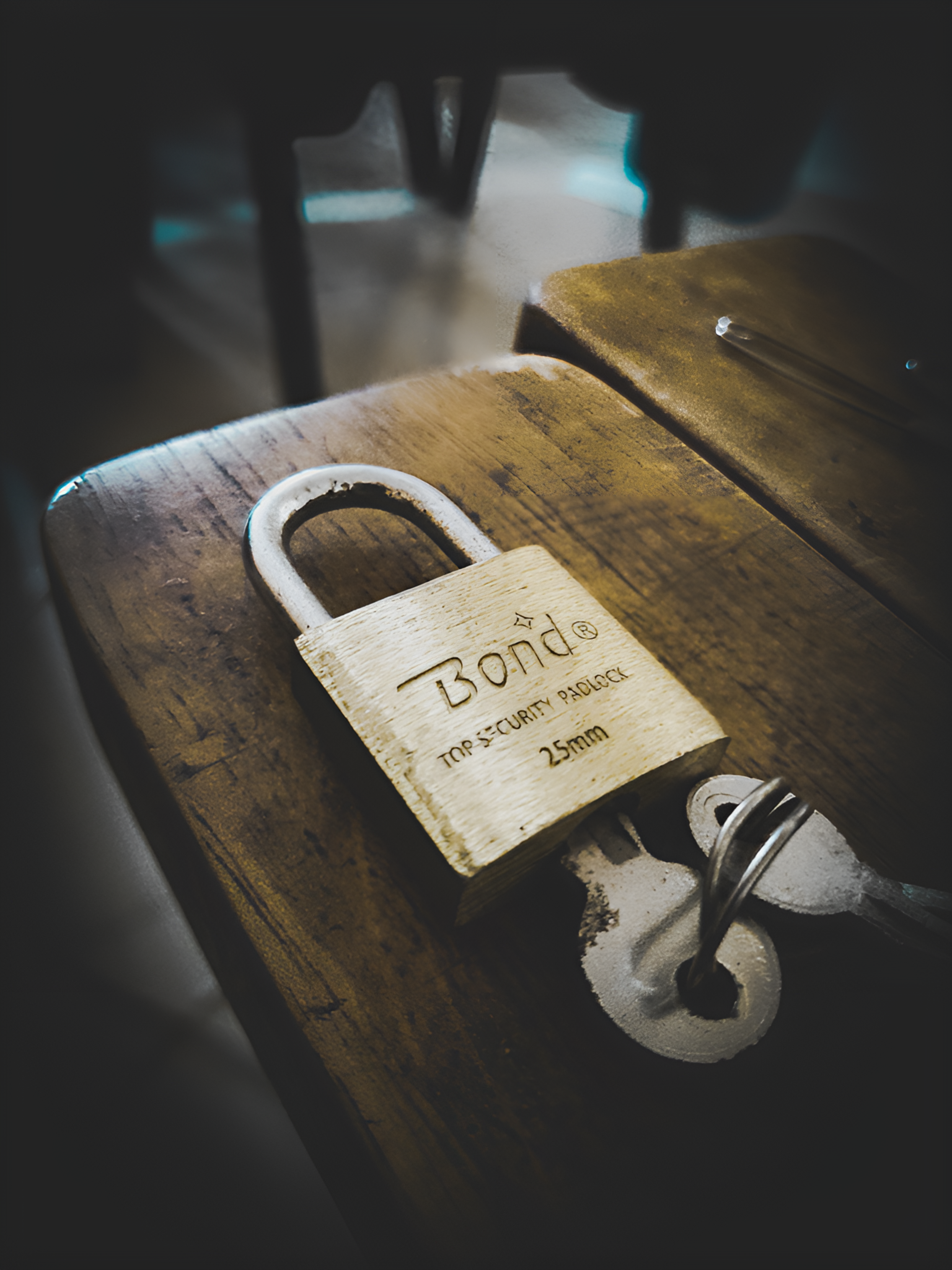 a padlock on top of a wooden table