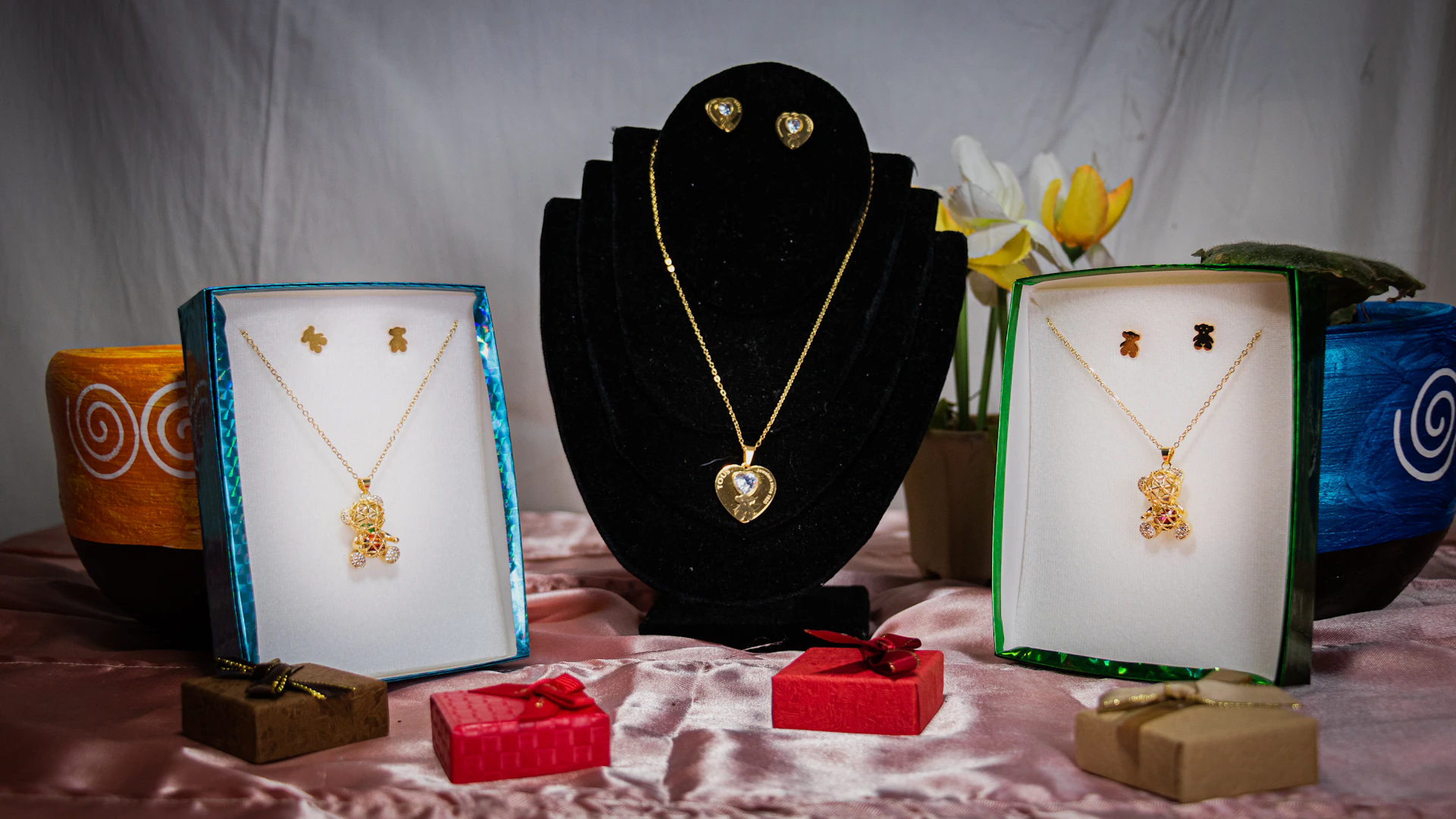a display of jewelry on a table