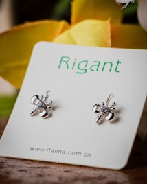 A close-up view of a pair of decorative metal earrings mounted on a branded card with the text 'Rigant'. The earrings feature intricate designs with silver tones and a small gemstone detail. The background is softly blurred, featuring a hint of a yellow and green floral element.