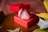 A pair of triangular earrings with pearl and pink stone accents is elegantly placed on a vibrant red gift box. The textured surface of the box adds a touch of luxury to the overall presentation. The background includes soft-focus elements and hints of fabric, complementing the setup.