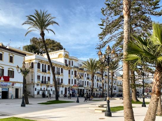A picturesque city square with tall palm trees lining a promenade. Elegant white buildings with arched windows and decorative yellow accents stand on one side, while ornate street lamps dot the wide paved area. People stroll leisurely, enjoying the pleasant day.