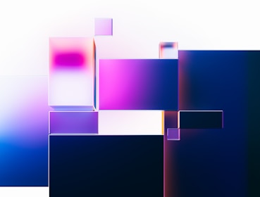 Minimalist design featuring overlapping shapes in blue, black, and purple.