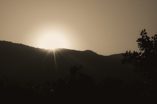 A serene, monochromatic landscape captures the sun gently rising or setting behind a silhouetted mountain ridge. Soft light spills over the horizon, casting a calming glow over the scene. Trees or foliage frame the scene on the side, adding depth to the tranquil atmosphere.