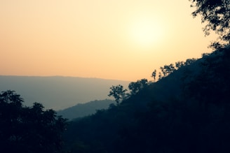 the sun is setting over the mountains and trees
