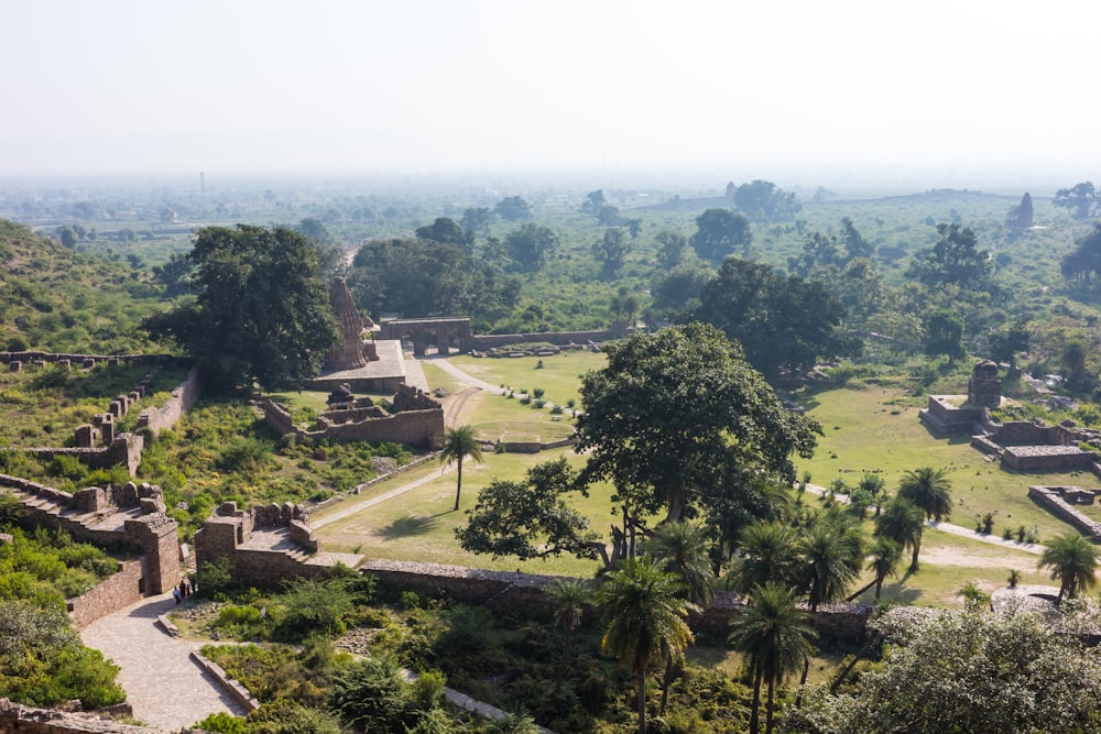 an aerial view of the ruins of a village