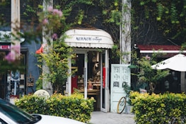 A quaint vintage store entrance is nestled between lush greenery and vines. The shop has a charming sign above the door and displays various items inside. A bicycle is partially visible outside, and there are small decorative plants and a white patio umbrella nearby.
