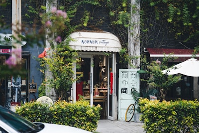 A quaint vintage store entrance is nestled between lush greenery and vines. The shop has a charming sign above the door and displays various items inside. A bicycle is partially visible outside, and there are small decorative plants and a white patio umbrella nearby.