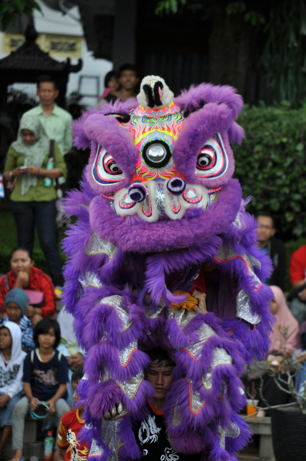 a man in a purple lion costume standing in front of a crowd