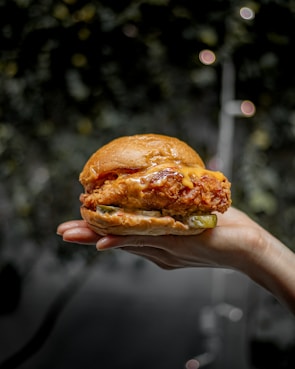 A hand holding a well-crafted chicken sandwich with a crispy fried chicken patty, topped with golden melted cheese and sandwiched between a glossy bun. The sandwich also contains pickles and a creamy sauce, creating an appetizing presentation. The background is a blurred natural setting with green foliage.