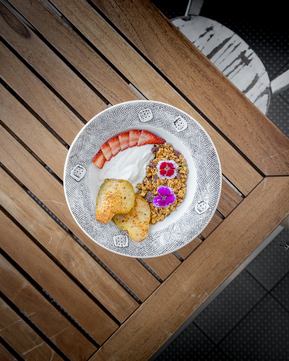 a plate of food on a wooden table