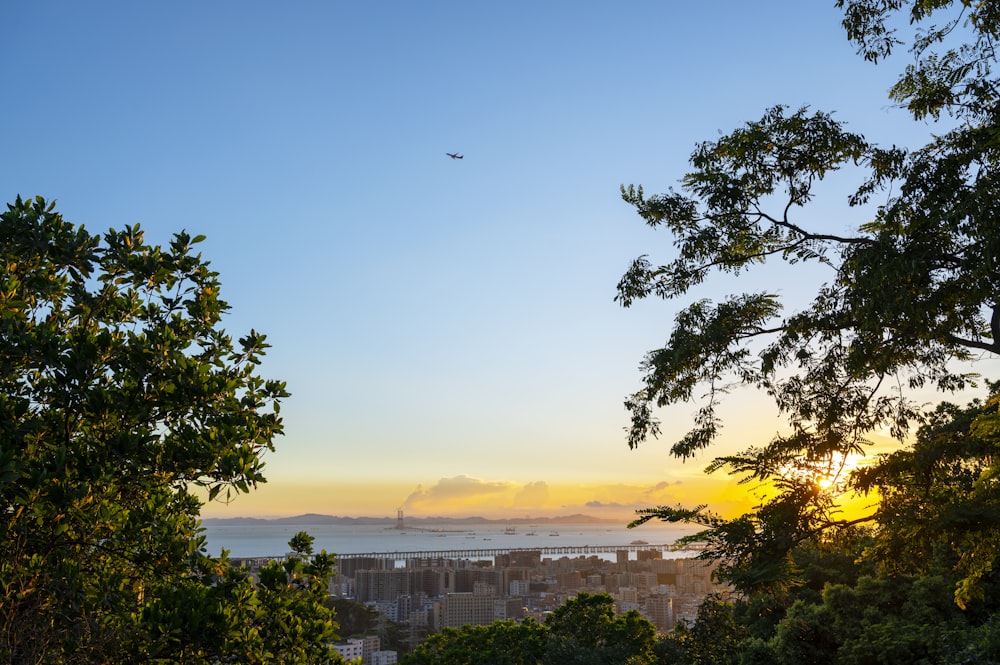 a plane flying over a city at sunset