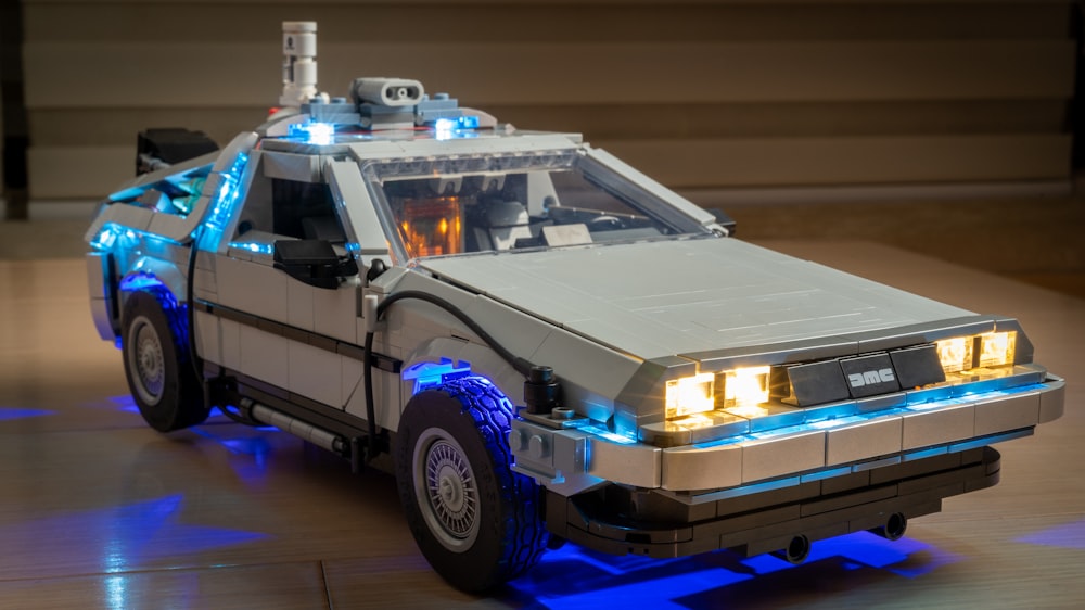a lego delorem is shown with its lights on