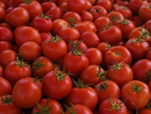 a large pile of red tomatoes sitting on top of each other