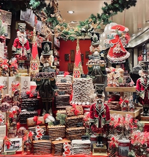 a christmas display in a store filled with lots of holiday decorations