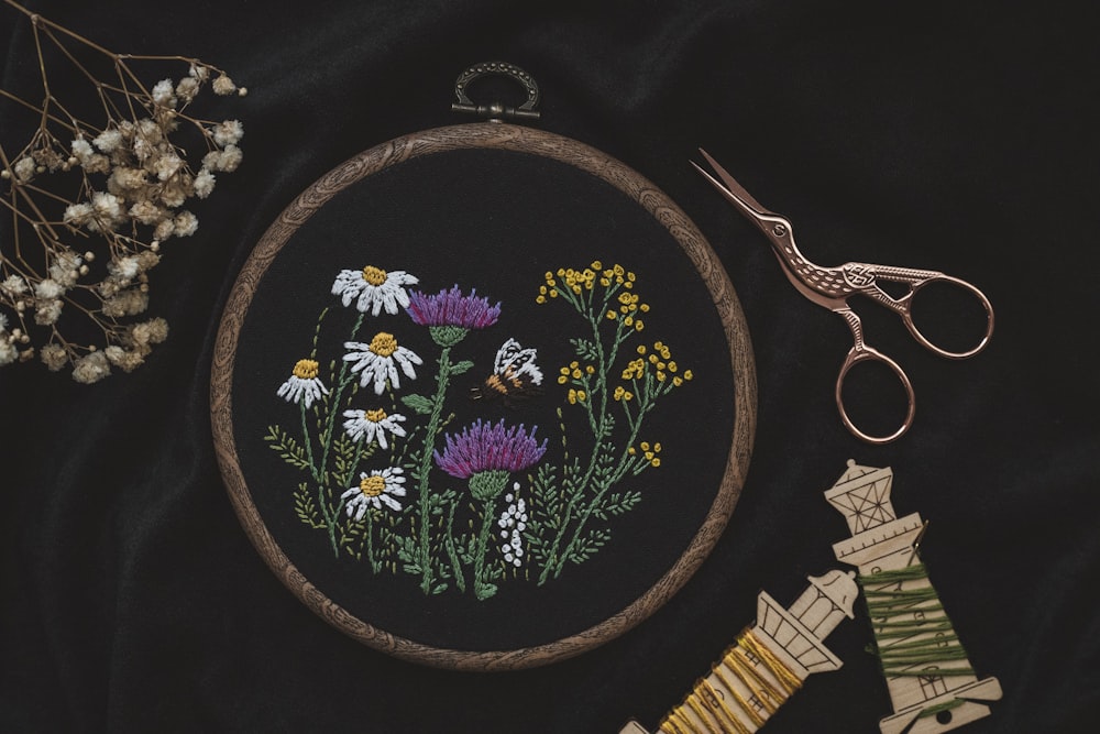 a picture of some flowers and a pair of scissors