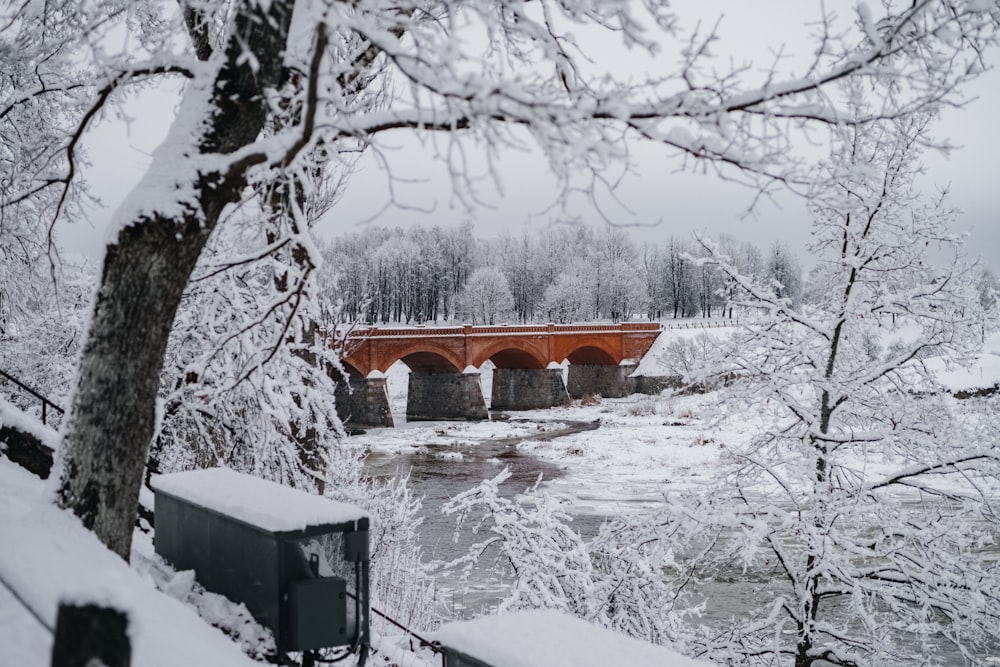 a bridge that is over a river in the snow