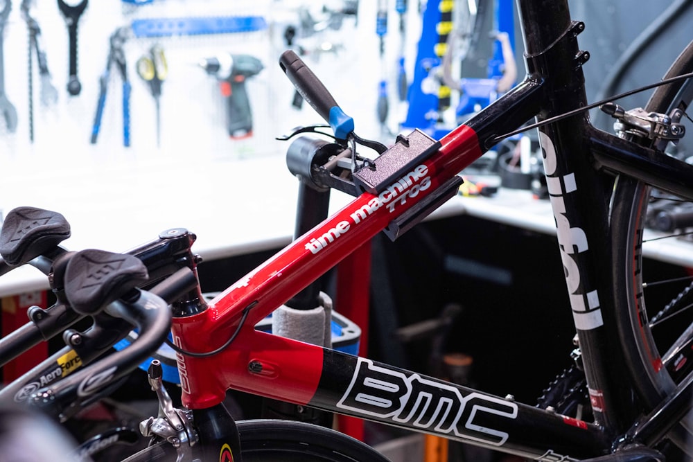 a close up of a bike parked in a garage