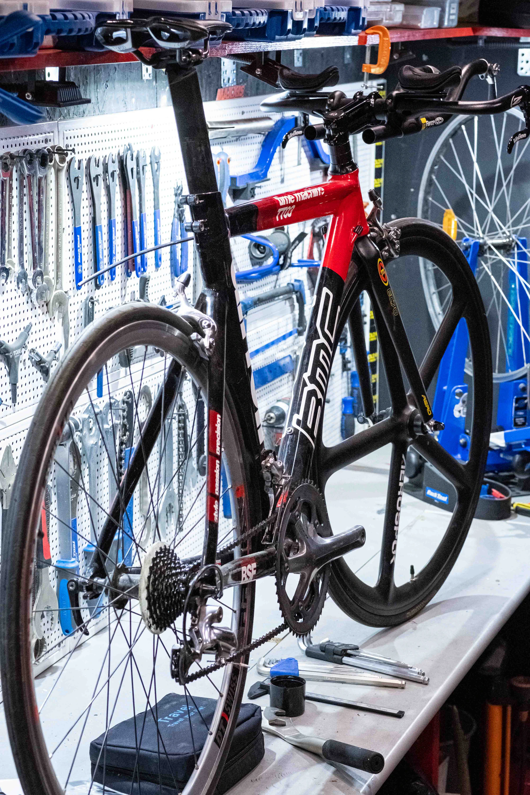 Bicycle maintenance tools being used in a cycling workshop