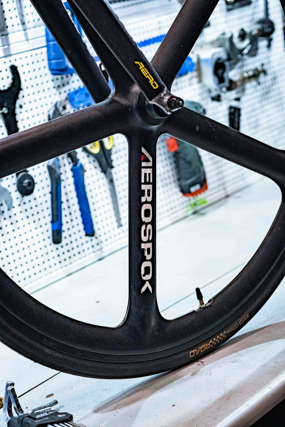 a close up of a bike tire in a shop