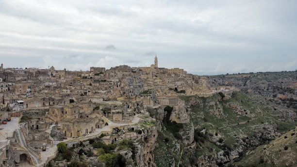A densely packed ancient city built on a rocky hillside, with numerous stone buildings and narrow streets. The architecture consists of historical structures made from earth-toned materials, blending into the rugged landscape. A prominent tower rises above the cityscape, and the surrounding area is lush with green vegetation.