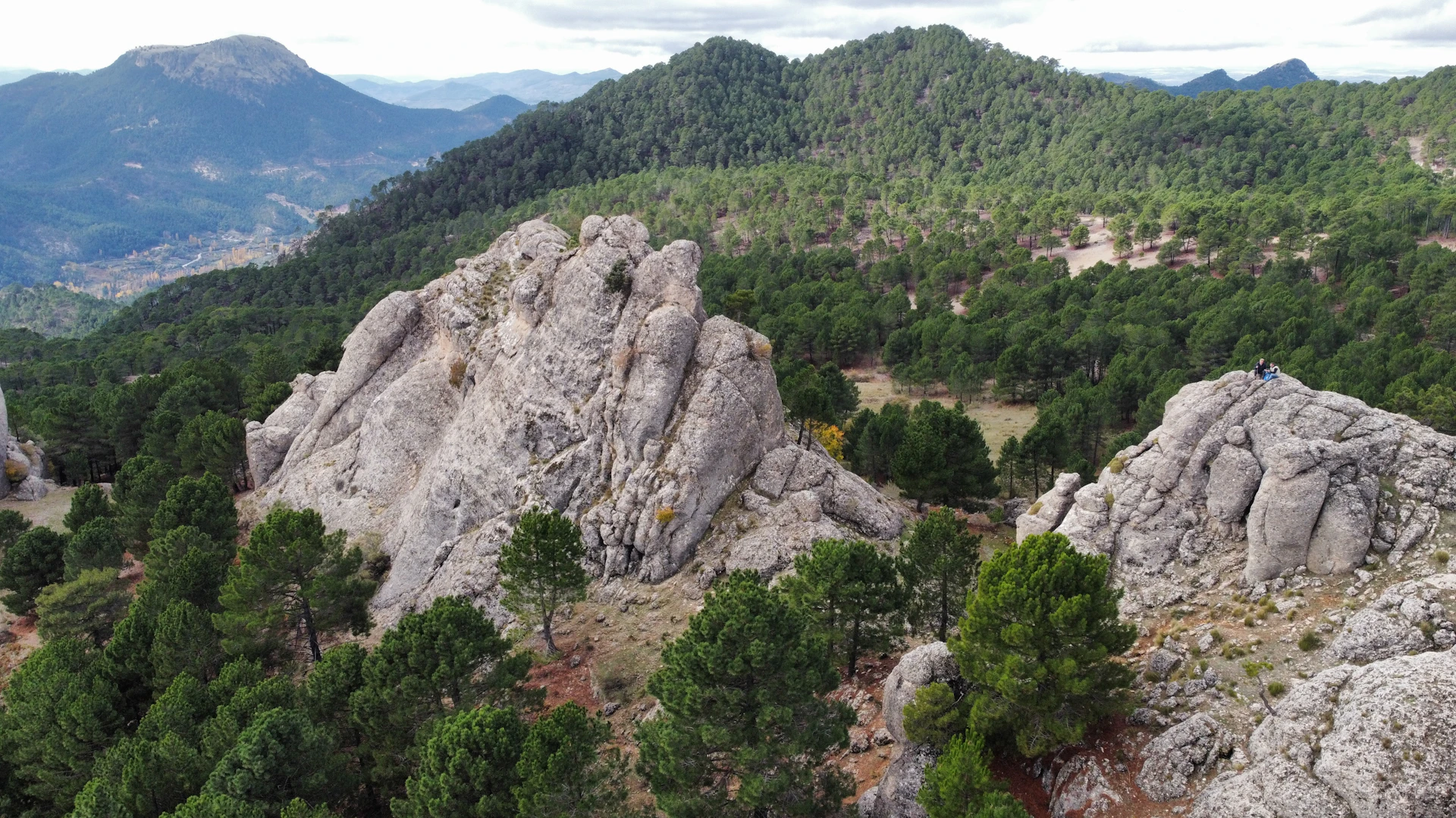 a man standing on top of a mountain next to a lush green forest