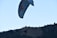A paraglider is soaring above a hilly landscape, with terraced fields and scattered trees. The scene conveys a sense of adventure and tranquility.