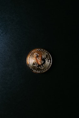A dark, minimalist artwork featuring Bitcoin motifs with gold leaf accents.