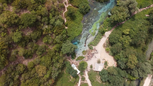 An aerial view of a lush green landscape with dense forests surrounding a river or stream. The water appears clear with blue and green tones, and there are visible pathways and sandy areas nearby. A small structure is situated near the water.