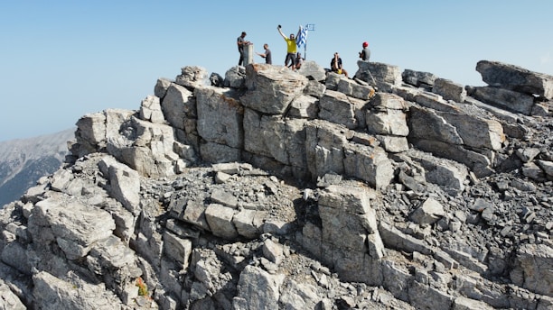 A group of people stands atop a rugged mountain peak, with rocky terrain all around. One person is holding a flag, celebrating their ascent. The sky is clear, providing a wide view of the rocky mountain landscape below.