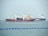 Two large cargo ships are navigating through the water. The ship closer to the viewer has a prominent red hull and yellow cranes, while the ship in the background has the word 'TANKER' visible on its side. The sea is calm with a series of blue buoys in the foreground.