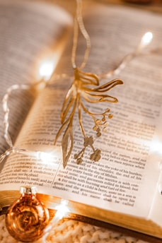 An open book with visible text is adorned by delicate golden decorative elements. Warm fairy lights softly illuminate the scene, casting a gentle glow over the pages and creating an inviting and cozy atmosphere.