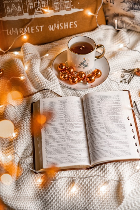 An open book lies on a soft, cream-colored knit blanket surrounded by warm, glowing string lights. A cup of tea rests on a saucer nearby, decorated with small golden spheres. A cushion in the background displays the words 'warmest wishes' with a festive, cozy design.