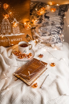 A cozy reading nook with a candle and a bible.
