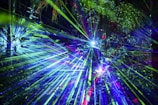 Bright, colorful laser beams of green and blue light streak through a lush, dense jungle environment, creating an ethereal and otherworldly atmosphere. The beams intersect and radiate, illuminating the foliage with a surreal glow.