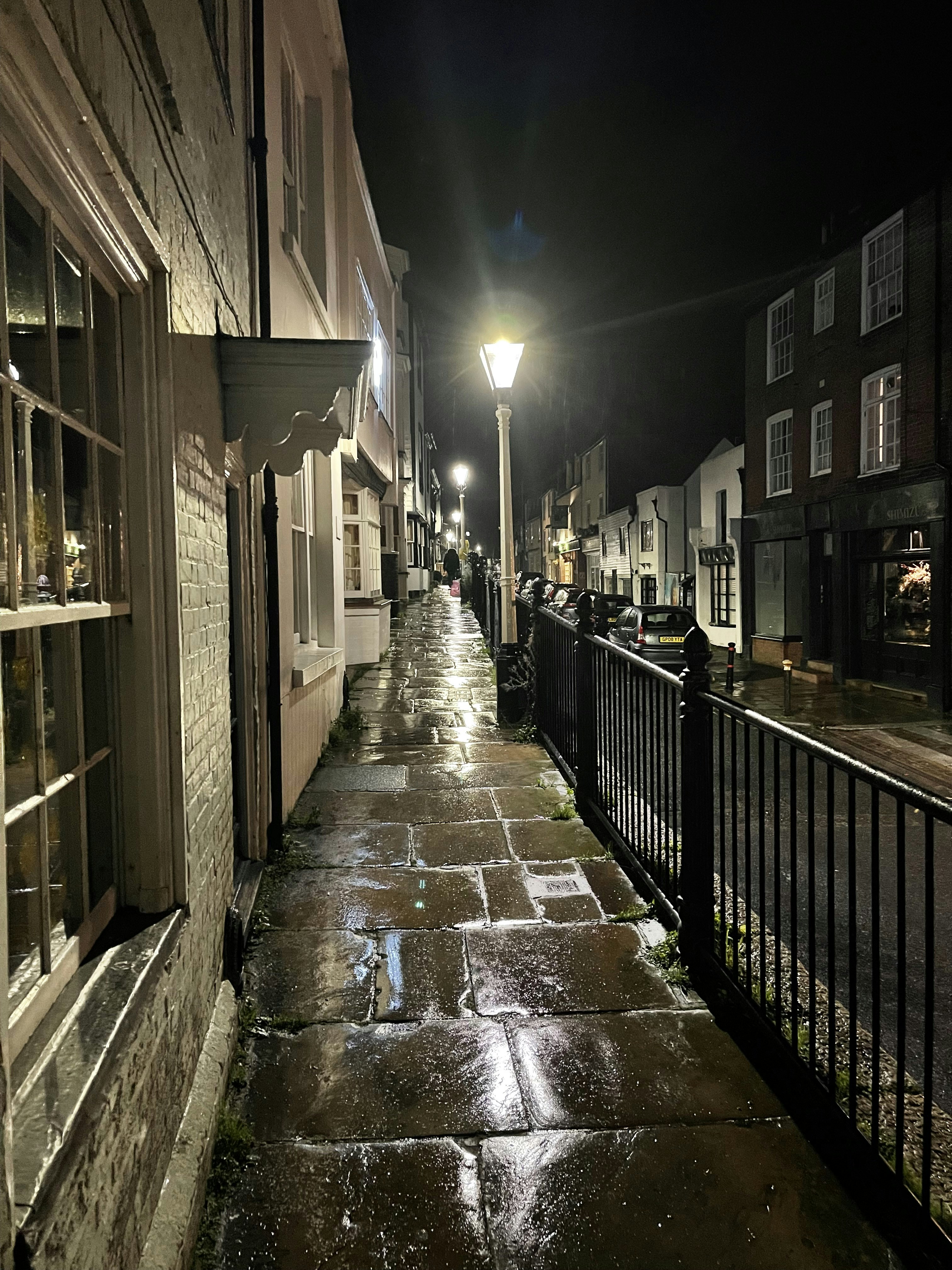 a wet sidewalk next to a street light at night