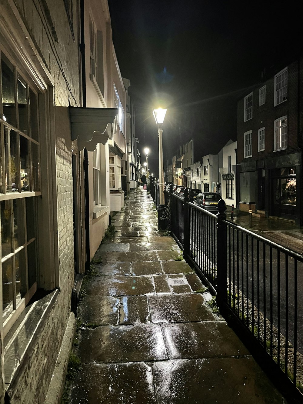 a wet sidewalk next to a street light at night