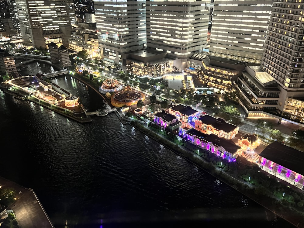 an aerial view of a city at night