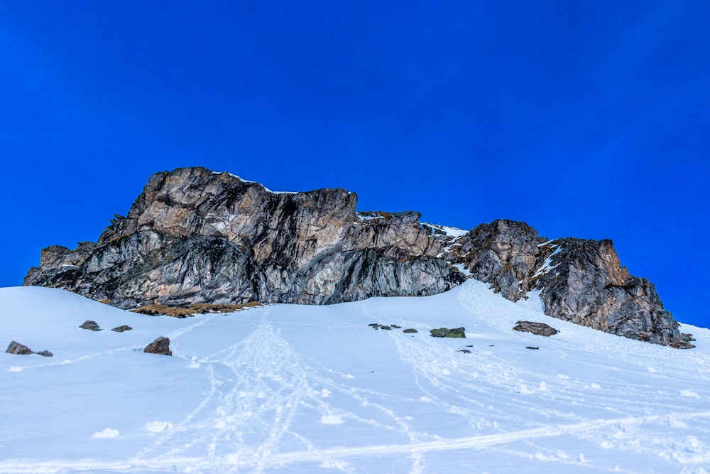 a snow covered mountain under a blue sky