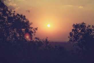 A serene sunset behind a silhouette of an ancient astrological chart, glowing softly in warm yellow and red hues.