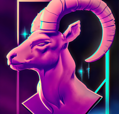 A stylized, digital art representation of a ram's head featuring prominent curved horns. The artwork is highlighted with neon colors, predominantly pink and blue, set against a dark background, creating a futuristic and vibrant effect.