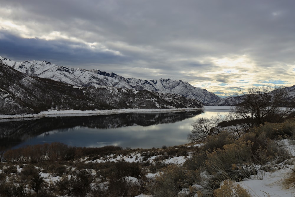 a lake surrounded by snow covered mountains under a cloudy sky