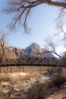 A wooden bridge spans across a gentle stream in a picturesque natural setting. Leafless trees stretch upwards into a clear blue sky, and the background features a rugged, snow-dusted mountain range. The foreground is marked by a rocky creek with some snow patches visible along the banks.