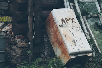 A rusty, old refrigerator with graffiti is leaning against the exterior of a rundown wooden structure. Surrounding the refrigerator are broken windows, overgrown plants, and weathered stone and wood surfaces. There is a sense of neglect and decay.