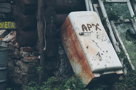 A rusty, old refrigerator with graffiti is leaning against the exterior of a rundown wooden structure. Surrounding the refrigerator are broken windows, overgrown plants, and weathered stone and wood surfaces. There is a sense of neglect and decay.