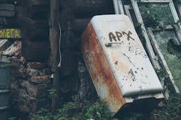 A rusty, old refrigerator with graffiti is leaning against the exterior of a rundown wooden structure. Surrounding the refrigerator are broken windows, overgrown plants, and weathered stone and wood surfaces. There is a sense of neglect and decay.
